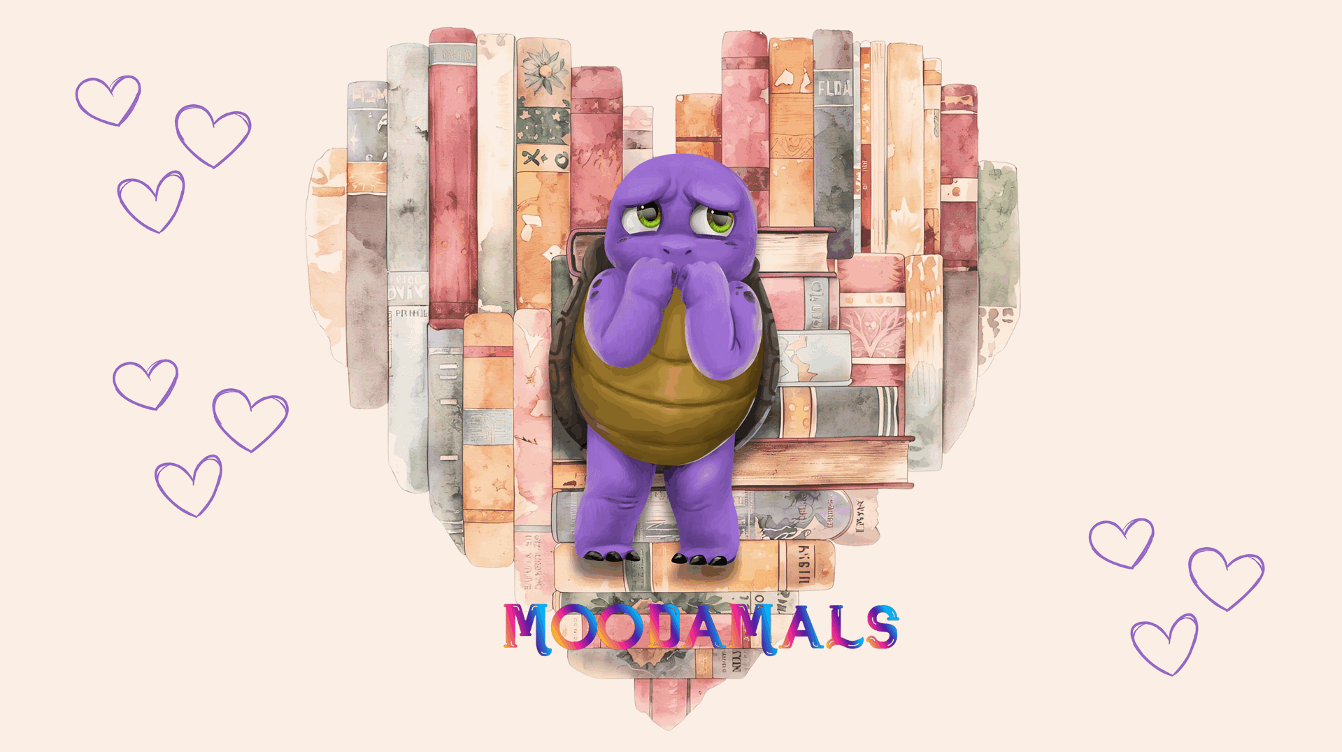 worry 1 Worried Moodamals turtle standing in front of a heart made of pastel books with soft purple heart doodles.